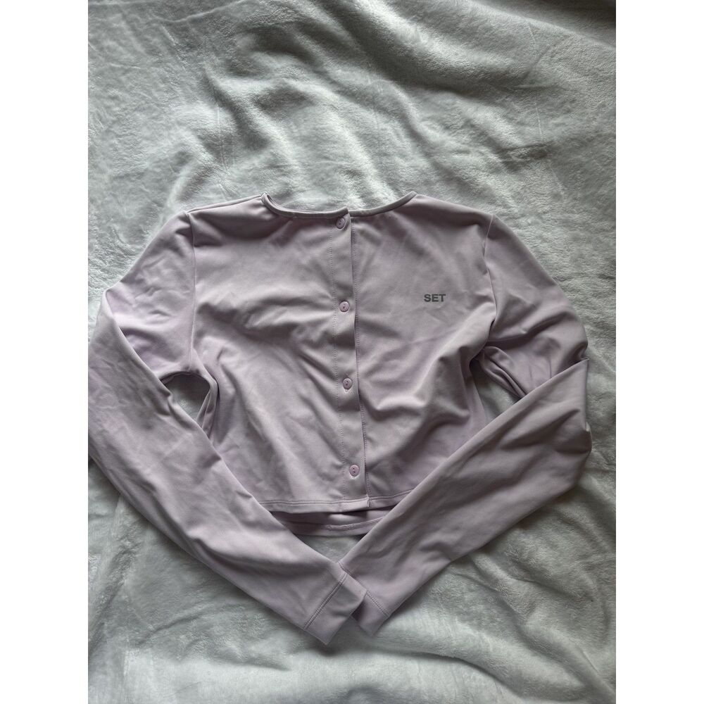 SET Active Womens S Pink Button Front Cropped Cardigan Long Sleeve Top